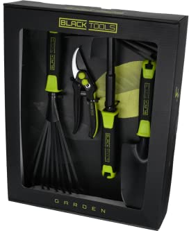 BLACK TOOLS® Garden Gartengeräte-Set 4-teilig | Pflanzkelle, Kombihacke, Gartenschere, Fächerbesen | Optimales Set für den kleinen Garten oder Balkon | Garten, Kübel, Balkonkästen, Beete