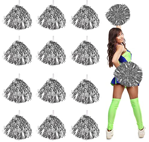 12 Stück Kunststoff-Pompons,Silber Cheerleading-Pompons, Sport, Tanz, Cheer, Kunststoff-Pompons für Rooter, Cheering Squard, Cheering Team Schule Sport Prost Tanz Verrücktes Kostüm Kleid