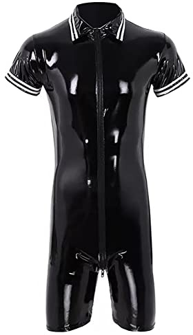 AIEOE Herren Jumpsuit Lackleder PVC Overall mit Langem Reißverschluss Sexy Einteilige Anzüge Slim Fit