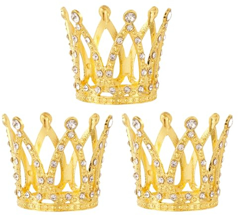 Mini Crown Cake Topper, 3 Pcs Small Crystal Tiara Happy Birthday Cupcake Topper Princess Crown Cake Decorations Hair Accessories for Birthday, Wedding, Baby Shower (Gold)