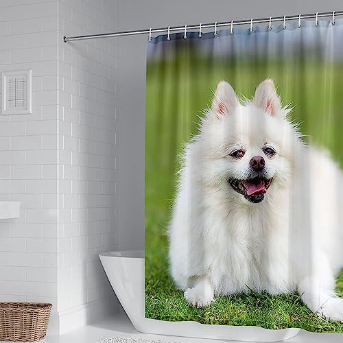 Whoiy Duschvorhang Textil Grün, Duschvorhang Eckbadewanne 150X180cm Polyester Shower Curtains Weißer Hund für Badezimmer
