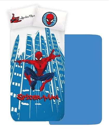 Completo lenzuola per bambini, set 3 pezzi, sotto lenzuola con angoli, lenzuola, federa, letto singolo, 100% Cotone (Spiderman 2)