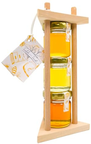 FOODOKO FINEST – Honig Geschenk Set mit 3 köstlichen Sorten im Holzgestell als Probierset - Akazienhonig, Kastanienhonig, Blütenhonig 3x40g