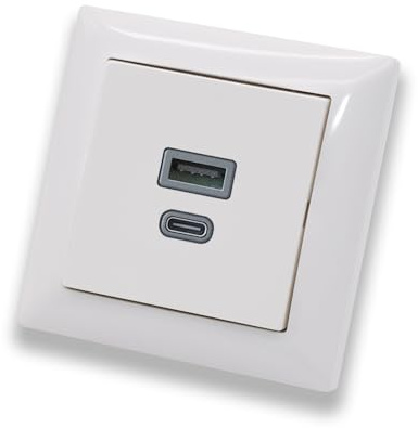 EBROM USB-C und USB-A Unterputz Steckdose/Lader, 45+15 Watt Leistung – Schnellladefunktion für Wearables, Smartphones und Tablets mit Busch Jäger Balance Si Rahmen alpinweiß 1721-914