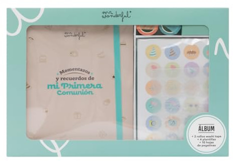 Mr. Wonderful - Kit de álbum de fotos scrapbooking - Momentazos y recuerdos de mi Primera Comunión - Incluye 64 páginas, 2 Rollos de Washi Tape, 4 Plantillas para Dibujar y 10 Hojas de Pegatinas.