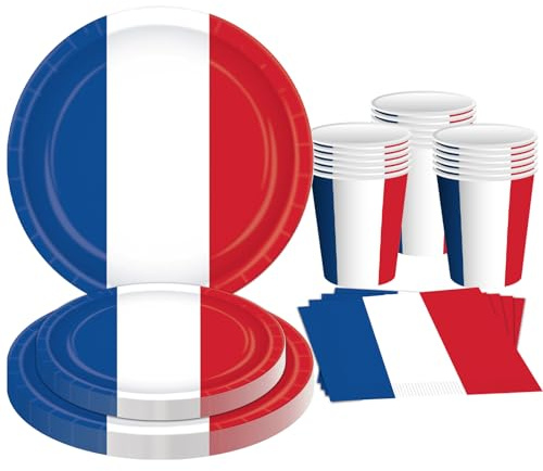 Decoraciones de fiesta francesa, 50 unidades, platos de papel azul, blanco y rojo, platos de postre, tazas y servilletas para suministros de fiesta francesa