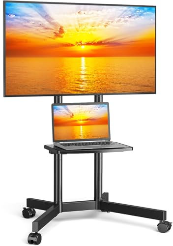 YOMT Portable Rolling TV Stand for 32-75 inch TVs, Height Adjustable Mobile TV Cart with Locking Casters, Heavy Duty Universal TV Stand On Wheels with Removable Shelf for Living Room, Bedroom, Office