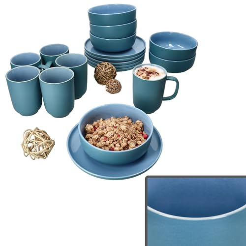 Ritzenhoff & Breker Jasper Service de petit-déjeuner 18 pièces bleu océan I 6 petites assiettes, bols 360 ml et tasse à café 250 ml, hauteur 10,4 cm pour 6 personnes I Vaisselle en faïence pour le