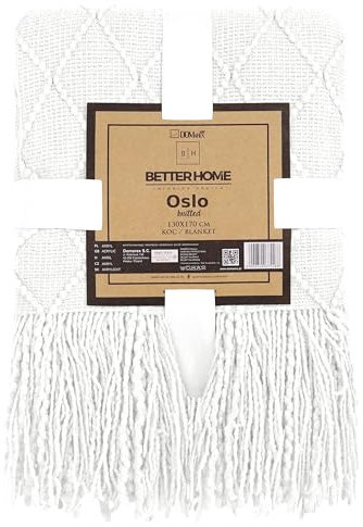 Domarex Luxus Akryl Strickdecke mit Fransen 130x170 cm – Ideal für Terrasse, Garten und Zuhause – Perfekt als Überwurf oder kuschelige Decke für kalte Tage - Weiß