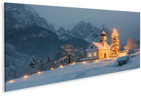 islandburner Bild auf Leinwand Schneebedeckte Bergkapelle geschmückt zu Weihnachten bei Dämmerung mit beleuchtetem Baum Bilder Wandbilder Poster