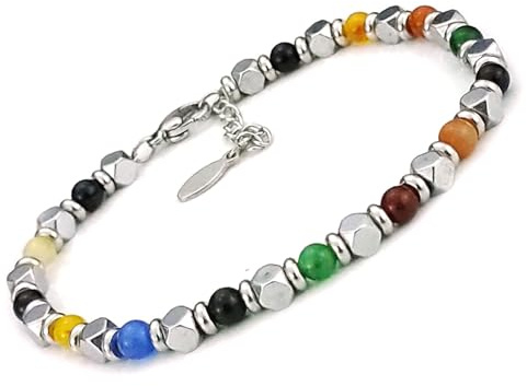 SAGA GIOIELLI® Bracciale Uomo Donna Pietre Dure Onice Nero Vari Colori Quadrello Acciaio (MULTICOLOR)