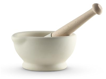 Milton Brook MB947004 Aggiungi più sapore ai pasti con questo mortaio e pestello non smaltato, ideale per macinare senza problemi, manico in legno di faggio, porcellana vetrificata, bianco