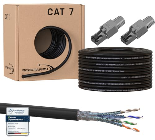50m Cat7 Erdkabel Verlegekabel + 2x RJ45 Stecker Werkzeuglos CAT 8 Outdoor Lan Kabel Installationskabel CAT 7 Ethernet Netzwerk 1000MHz Datenkabel AWG23/1 Netzwerkkabel für Außenbereich UV-beständig