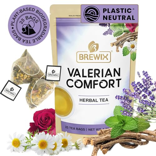 BREWIX, Valerian Comfort Tea (25 Pyramid Bags) Caffeine-Free for Bedtime | Valerian Root, Chamomile & Lavender | Perfect Evening Brew