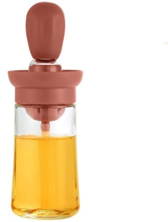 Oil Dispenser Bottle with Silicone Basting Brush, Heat Resistant Oil Dispenser, Glass Oil Bottle with Silicone Brush, for Kitchen, Baking, Grilling, BBQ, Reddish Brown, 180ml