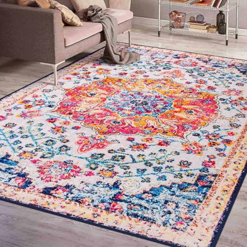 Betadistor Washable Area Rug - Vintage Boho, 120 x 160 cm, Non Slip Short Pile, Orange, Red and Blue, 306-10121