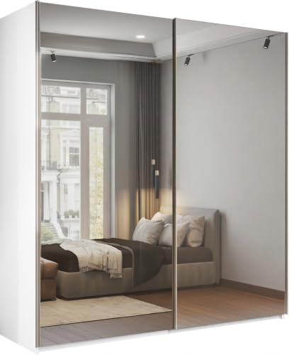 FURNITUREWAVE Full Mirror Sliding Door Wardrobe: Stylish Storage Solution Grey, Black & White available in 150cm, 200cm and 250cm Sizes (White, 200cm)