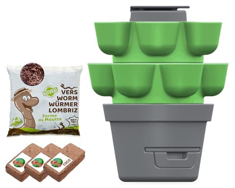Moutta | WORMgarden Vert 2 jardinières + 250gr de vers de Compost | Jardin Potager Vertical avec lombricomposteur | Cultivez Vos Fruits et légumes | Créez Votre Potager et recyclez Vos déchets