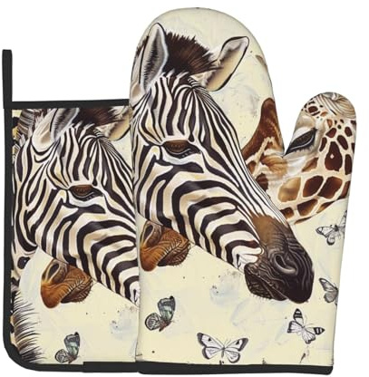 Zebra and Giraffe Printed Oven Mitts and Pot Holders Set of 2 Pcs Heat Resistant Non-Slip Oven Gloves and Potholders for Kitchen Cooking Baking Grilling