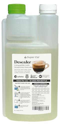 Super Cal Coffee Machine Descaler Liquid (1L for 10 uses) - Compatible with Nespresso Descaler Kit and Compatible with Nespresso Descaling Kit - Easy No Mess Dosing Chamber - Made in Australia