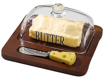 Pasdrucn 19x19.6x8.5cm Butter Dish Glass with Airtight Lid, Small Butter Dish, Cheese Bell Glass, Cheese Bell Wooden Glass, Butter Dish Made of Wood and Glass, Butter Dish for 250g Butter (Brown)