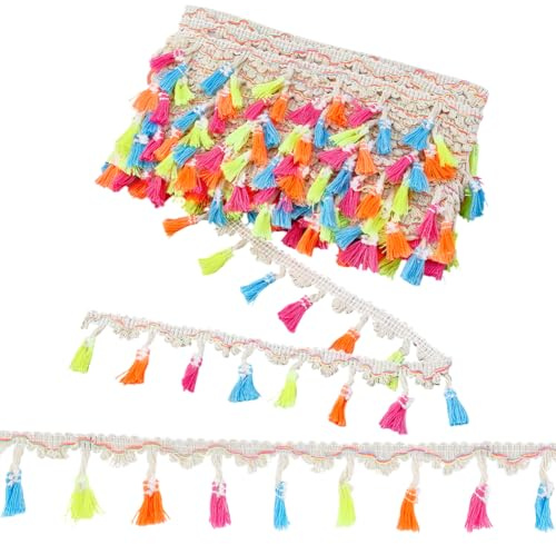PH PandaHall 10 Yards Quastenfransenbesatz 40mm Buntes Quastenbesatzband Polyesterspitze Nähspitze Stoffbesatz Geflochtenes Spitzenband Für Kleidung Hüte Vorhänge Heimdekoration Heimwerkerarbeiten