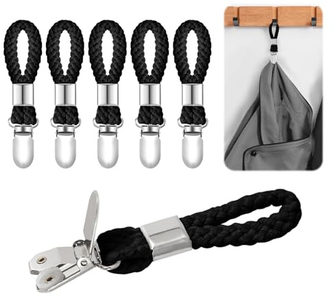 Jeqqinuz 6 Pack Towel Clips for Kitchen, Hanging Tea Towel Clip with Braided Cotton Loop, Metal Holders Set for Home Bathroom Use, Kitchen Clip Hangers for Cupboards, Oven Handle Wall Hooks, Black