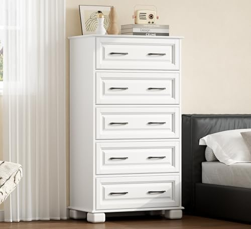 SILUMIN 5 Drawer Chest of Drawers for Bedroom, 50 Tall Wooden Storage Organizer, Modern Dresser for Closet, Farmhouse Closet Drawers White Dresser for Bedroom
