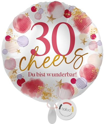 balloa Folienballon 30 Cheers Du bist wunderbar, runder Geburtstagsballon für Frauen mit Zahl 30, Helium Ballon als Deko oder Geschenk zum Geburtstag, Luftballon wird ungefüllt geliefert, 33cm