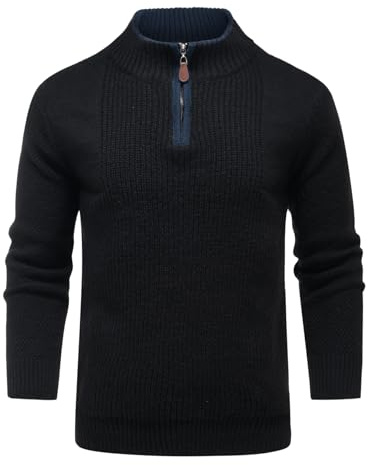 Allthemen Suéter de Punto Hombre con Cremallera 1/4 Zip Jersey Casual Clásico de Canalé Cálido Otoño Invierno Negro 4XL