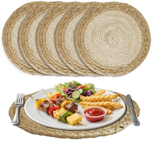 NAKIHOUSE Tischsets Abwaschbar, 6er Set Runde Geflochten Platzsets | Handgefertigte Boho Platzset aus Natürliche Wasserhyazinthe und Seegras, Hitzebeständig Platzdeckchen für Esstisch, Küche