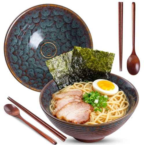 Umllpet Lot de 2 bols à ramen en céramique, 1200 ml, avec baguettes et cuillères, grand bol à soupe pour ramen, soupe, pâtes, salade de fruits, queue de paon