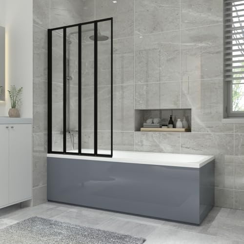 NRG 1700x700mm Acrylic Single Ended Straight Bath + Black 4 Panel Folding Bath Screen with Front & End Panel Grey Bathroom Bathtub