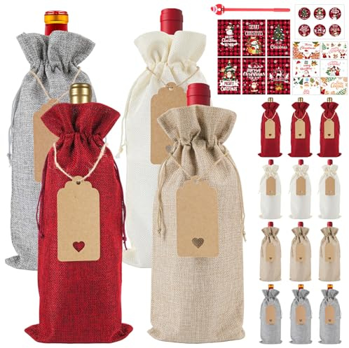Kuvarix Flaschentüten Weihnachten Jute, 12 Stück Geschenktüten Flaschen mit Grußkarten, Aufklebern, Etiketten, Kordel, Stift, Kordelzugverschluss, Flaschenverpackung Weihnachten für Tischdekoration
