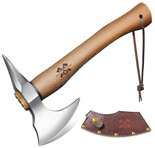 Beil Outdoor Holz Spalten Handgeschmiedet Handbeil mit Kuhfuß,Bushcraft Axt mit Holzgriff und LederscheideLong Without Rope Long