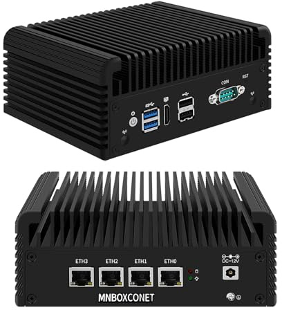 MNBOXCONET Firewall Hardware Industrie Mini PC Fanless J4125, Micro PC Application Router Embedded Computer, Barebone 8GB RAM 256GB SSD, 4 x i211 LAN, RS232 Com, Auto Power On