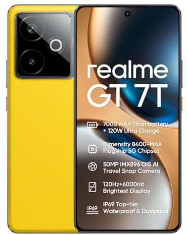realme GT 7T 5G Smartphone 12+512GB, Amarillo Racing, Pantalla de 6.8 Pulgadas, Refresco de 120Hz, Carga Rápida de 120W, Batería de 7000mAh, Cámara IA de 58MP, Chipset MediaTek Dimensity 8400, IP68
