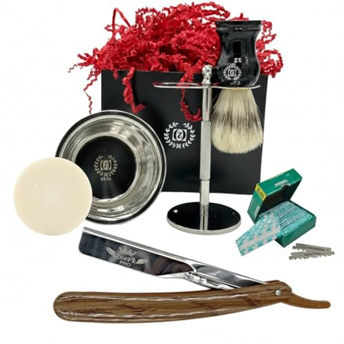 Men Straight Razor 6pcs Classic Grooming Shave Vintage Gift Set | Kit de Afeitado para Hombres, Barber Razor Holder, Stainless Steel Stand & 100 Blades