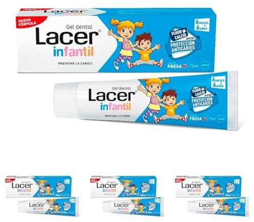 LACER JUNIOR - Gel Dental Infantil 75 ml, para Niños a Partir de 6 meses a 6 años, Previene la Caries, Fórmula de Flúor Más Calcio, Cuida los Dientes de Leche (Paquete de 4)