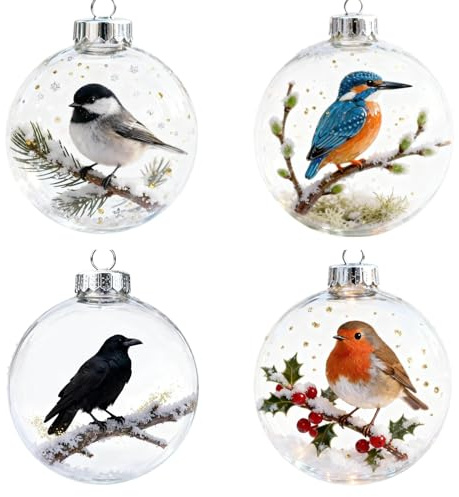 4-TLG Set Handbemalte Glas-Weihnachtskugeln mit Vogelmotiv, 10cm Transparente Christbaumkugeln für Festliche Tannenbaumdekoration