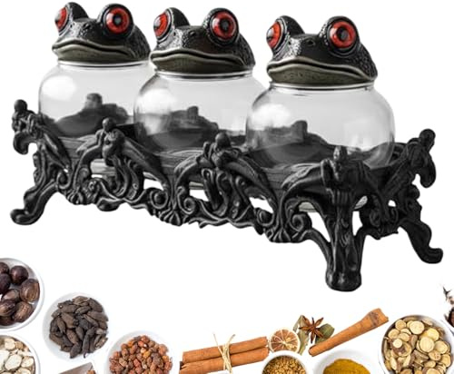 Tarros de especias apagados: prácticos recipientes para ingredientes aromáticos en estilo gótico oscuro | Frascos clásicos de farmacia con tapas para organización estructurada en la cocina, armario o