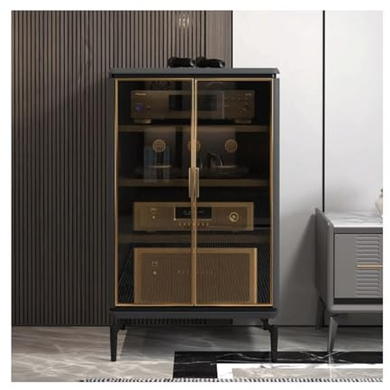 Robuster Medienschrank mit 4 Etagen, Audio-Regal für DVD-Player, Glastür, AV-Ständer, Heimunterhaltungsmöbel, Grau, 60 x 45 x 95 cm, langlebig, stilvoll und platzsparend.