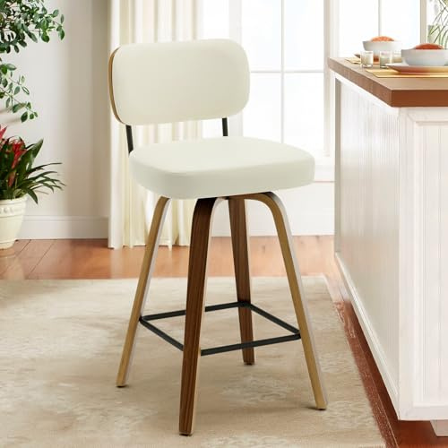Bekrvio 360° Drehbarer Barhocker, 65 cm Sitzhöhe Barhocker mit Lehne und Fußstütze, Gepolsterter Barstuhl aus Kunstleder mit Massivholz Beinen, für Kücheninsel Bartheke