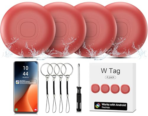 Air Tracker Android IP 67 Smart Tag Localizador de llaves compatible con Google Find Hub APP 4 Pack Bluetooth Tag Key Finder para equipaje/cartera/maleta/bolsas, color rojo
