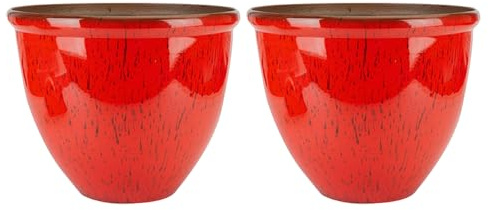 TRG 30cm Ceramic Look Plant Pot Set Of 2 – Large Glazed Indoor & Outdoor Planters, Modern Round Flower Pots for Patio, Balcony, Garden & Home Décor, Weather Resistant Decorative Planter - (Red)