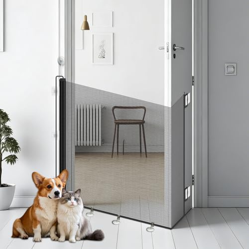 Treppenschutzgitter Ausziehbar, mit verstellbarem Schloss & unterer Klemme gegen Unterkriechen. Universell für Katzen & Hunde, für Küche, Balkon, Flur. (Schwarz, 150 * 78CM)