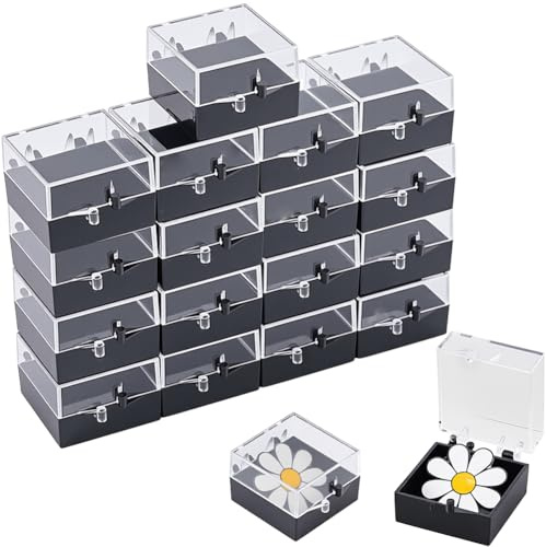 CREATCABIN 20Pcs Clear Plastic Gift Box for Pin Black Square Badge Gemstone Jewelry Display Box Container Small Mini Lapel Pin Storage Boxes for Badge Pins Crystal Coin Ring Display Case 1.1x1.1x0.8in