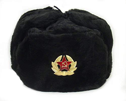 RussianOrnaments Gorro ruso ejército soviético negro KGB * Piel Militar Cossack Ushanka * Talla L
