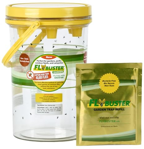 Fly Trap | Outdoor Device for Catching Flies | 2-Liter Garden Size | Comes with One Flytrap and 1 Bait Packet | 40,000 Fly Capacity | Non-Toxic | Child & Pet Safe