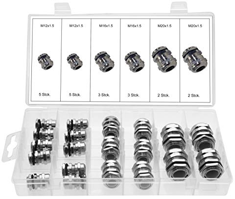 20 Stück (MESSING-Metall) Kabelverschraubung/Kabeldurchführungen Sortiment mit Gegenmutter M12x1.5 M16x1.5 M20x1.5 - für Kabeldurchmesser 3-12 mm und Einbaudurchmesser 12.0-20.2 mm IP68 (METRISCH)